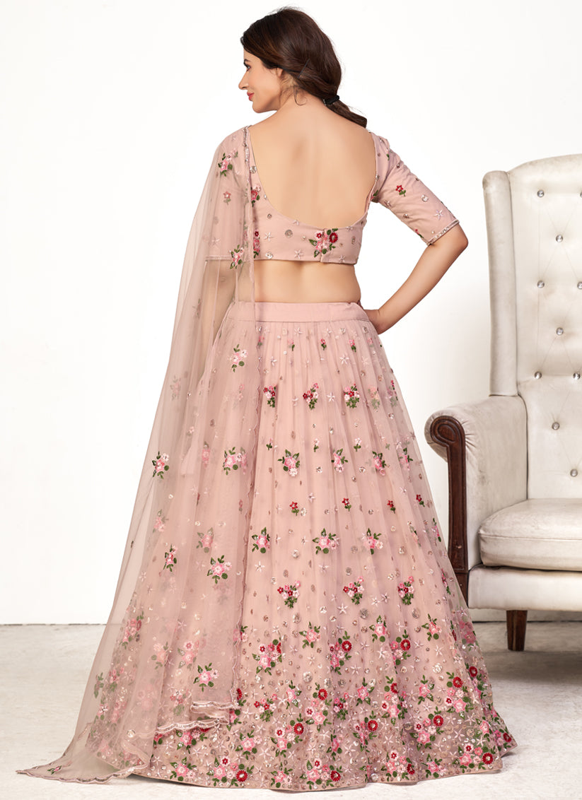 Blush Beige Net Embroidered Party Wear Lehenga Choli
