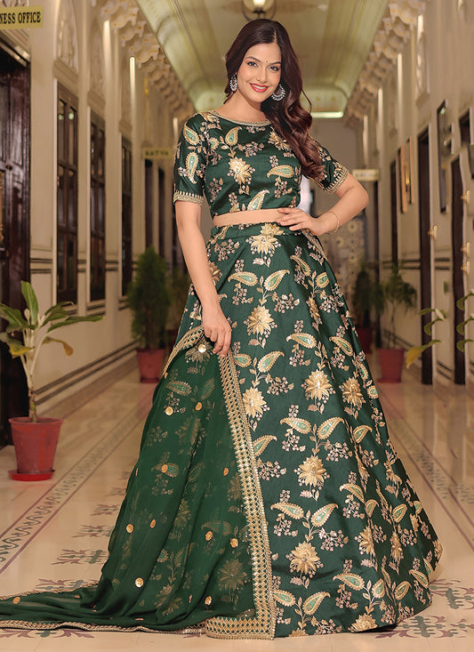 Exquisite Dark Green Embroidered & Heavy Sequins Lehenga Choli Set
