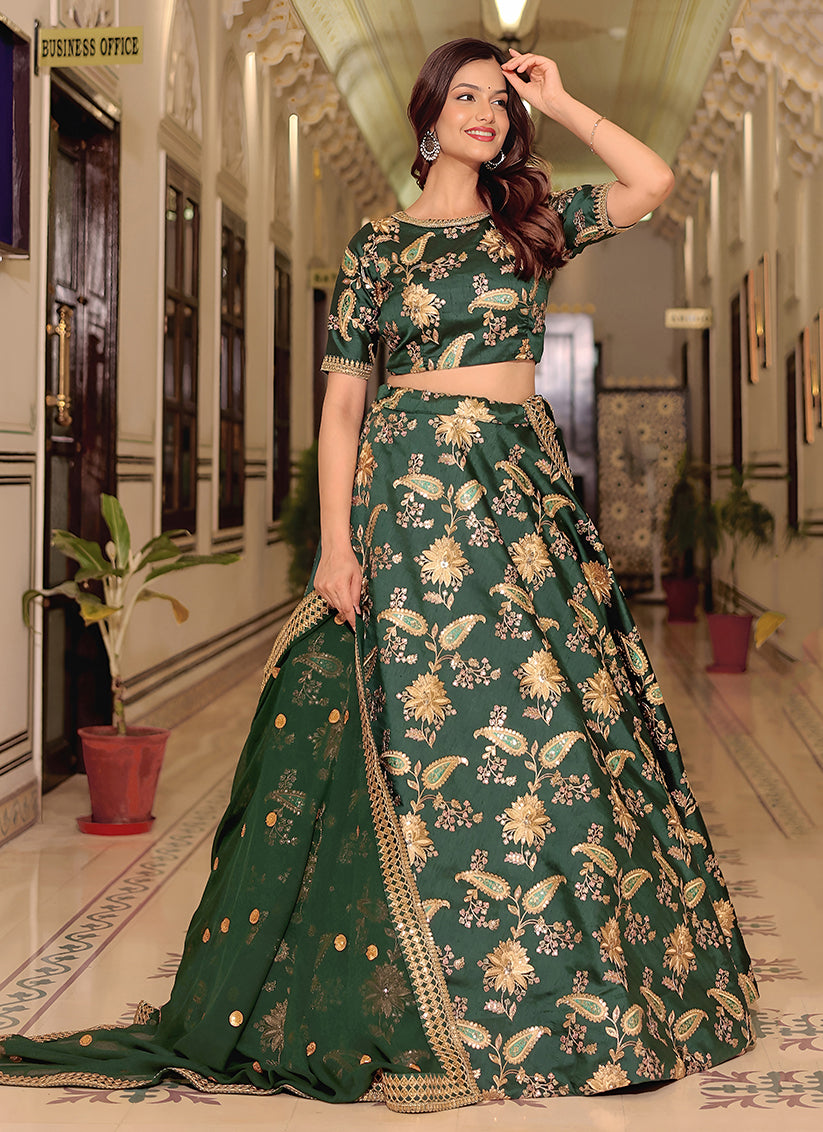 Exquisite Dark Green Embroidered & Heavy Sequins Lehenga Choli Set