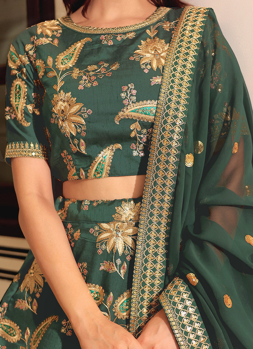 Exquisite Dark Green Embroidered & Heavy Sequins Lehenga Choli Set
