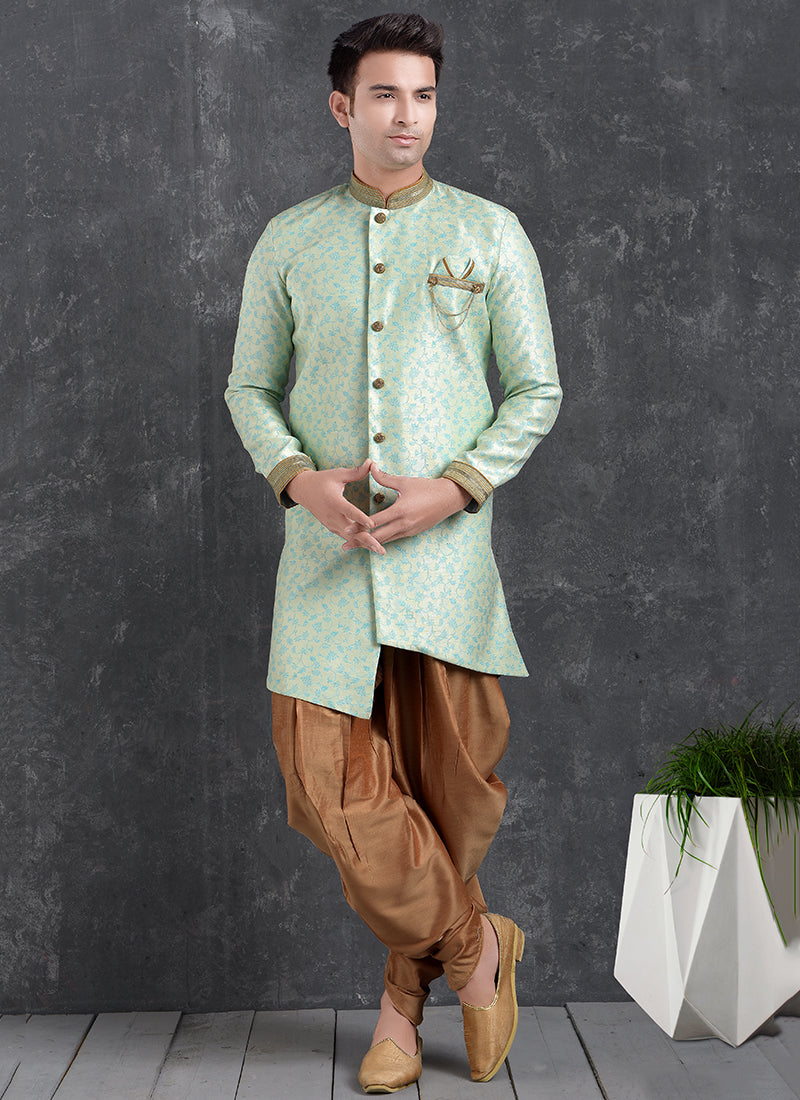 Ice Mint Jacquard Silk Brocade Mens Indo Western