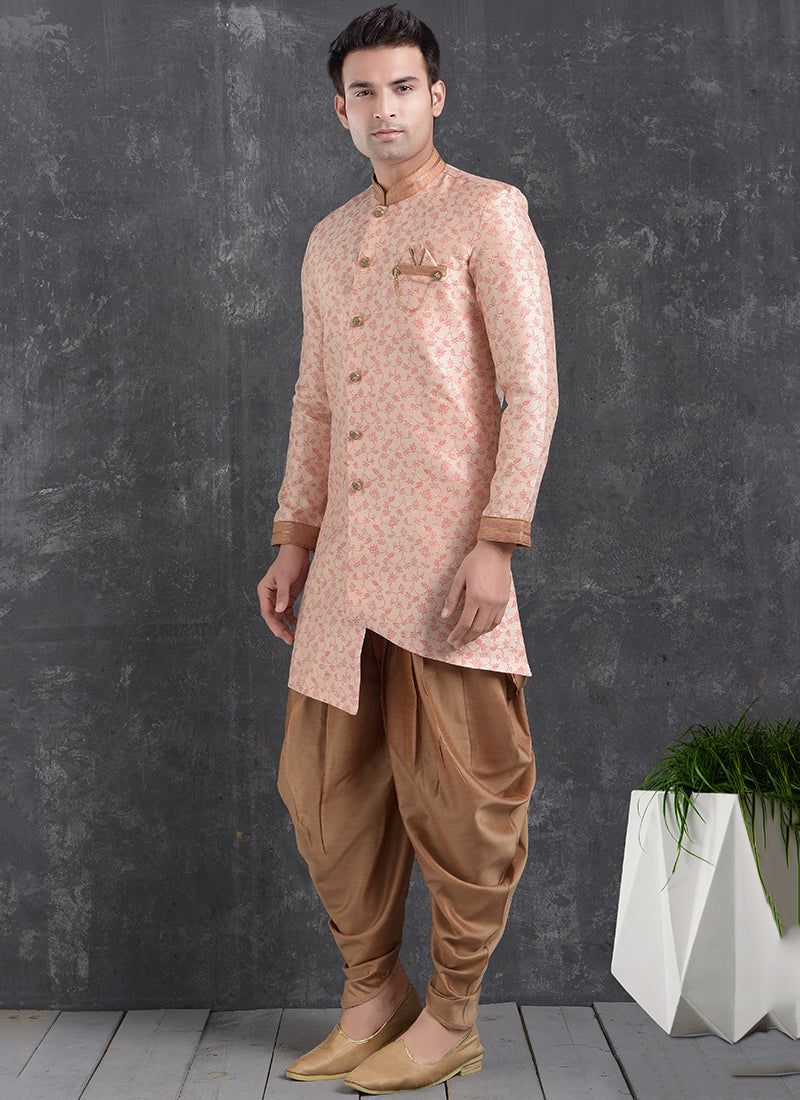 Blush Pink Jacquard Silk Brocade Mens Indo Western