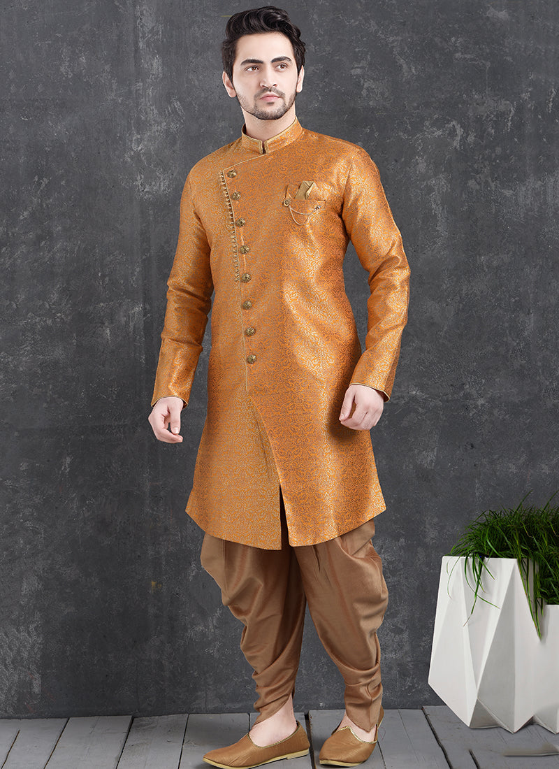 Rust Orange Jacquard Silk Brocade Mens Indo Western