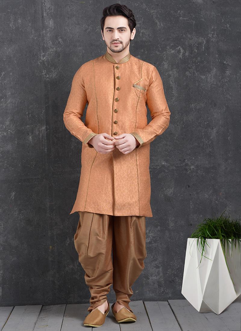 Peach Jacquard Silk Brocade Mens Indo Western