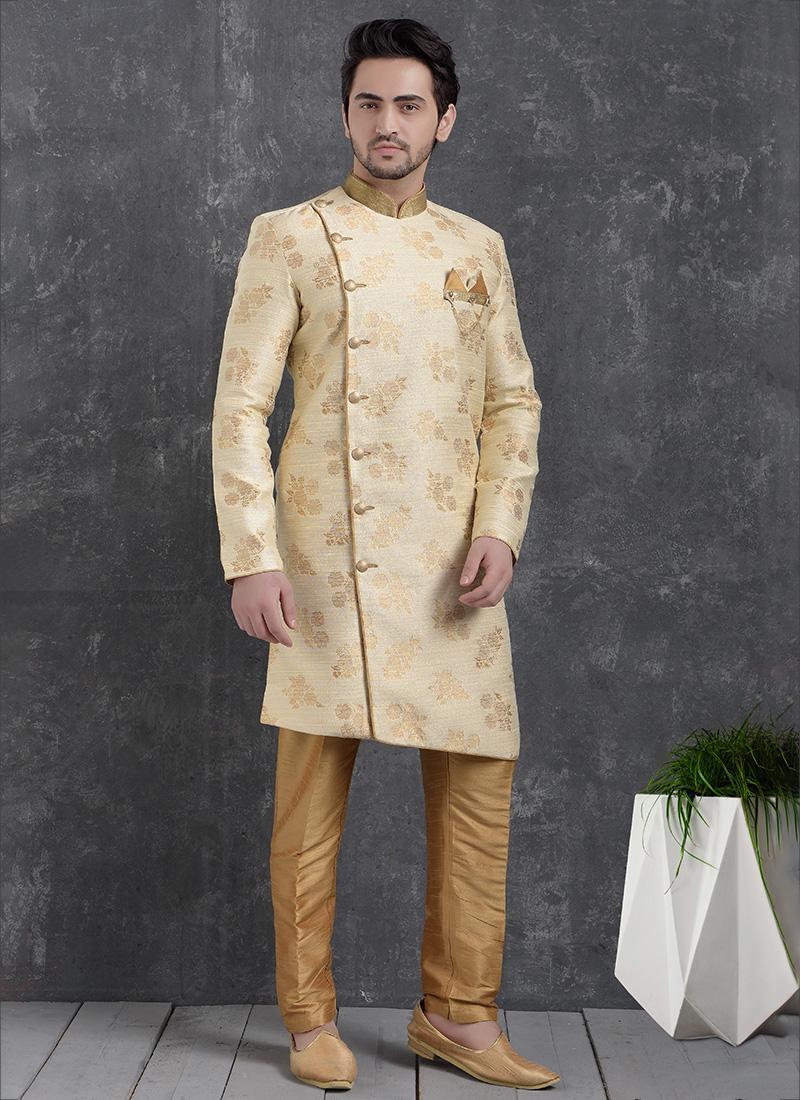 Cream Jacquard Silk Brocade Mens Indo Western