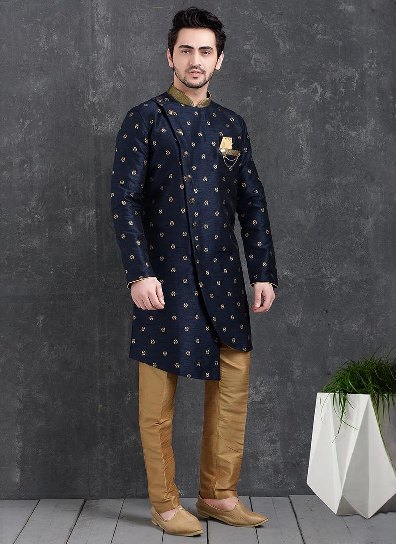 Midnight Blue Jacquard Silk Brocade Mens Indo Western