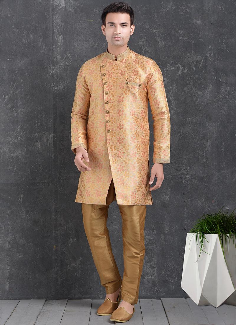 Peach Jacquard Silk Brocade Mens Indo Western
