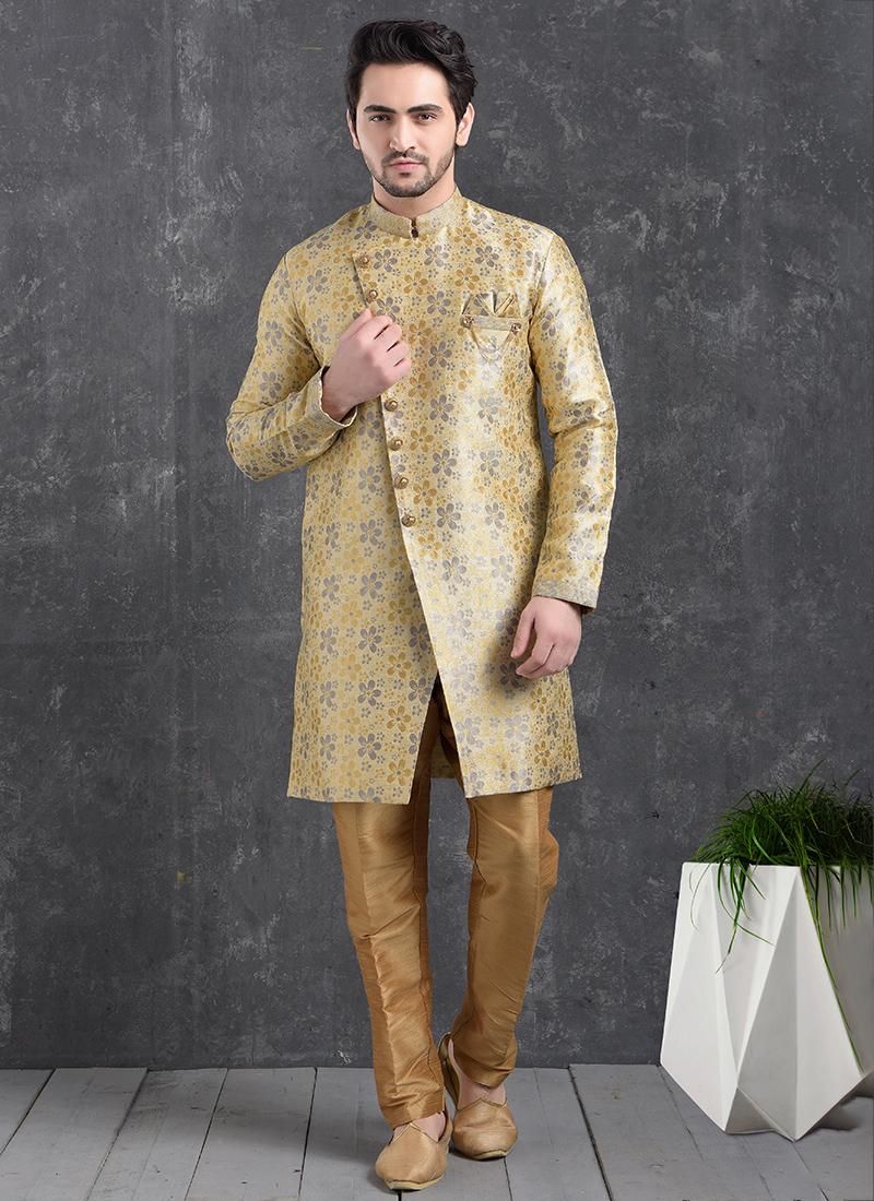 Cream Jacquard Silk Brocade Mens Indo Western