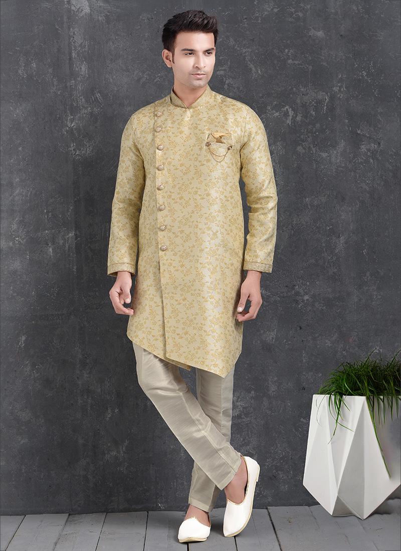 Cream Jacquard Silk Brocade Mens Indo Western