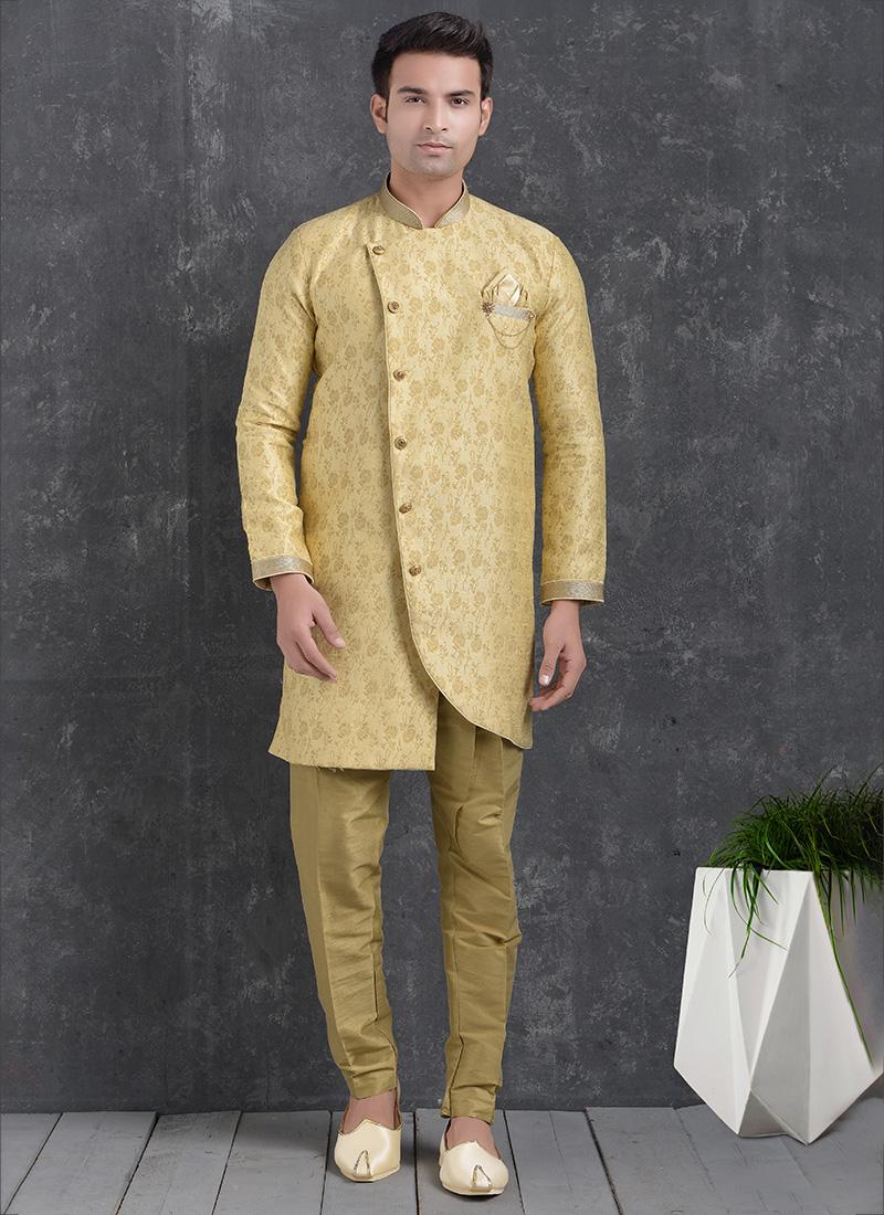 Cream Jacquard Silk Brocade Mens Indo Western