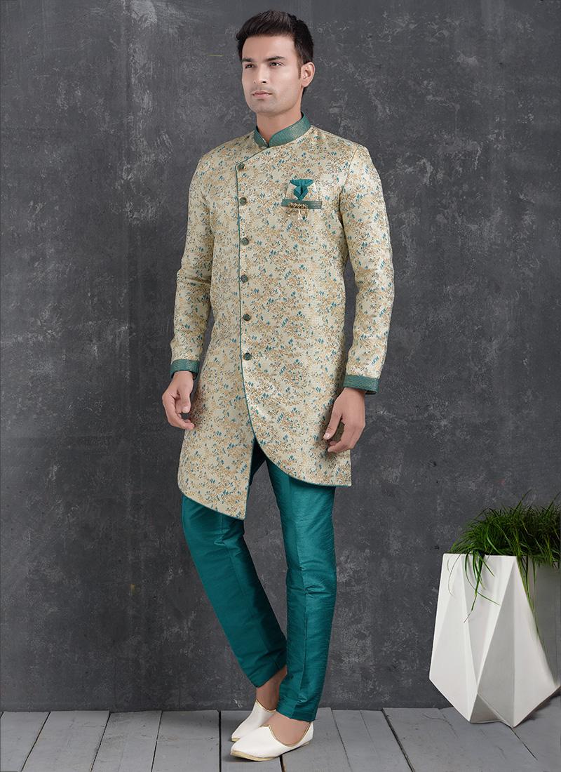 Cream and Teal Blue Jacquard Silk Brocade Mens Indo Western