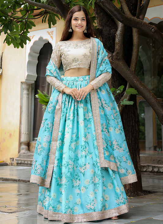 Incredible Sky Blue Heavy Lehenga Choli Set for Festival