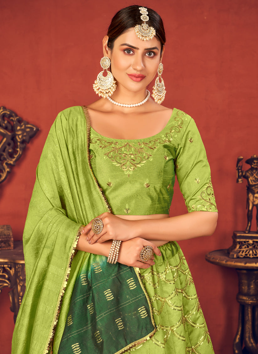 Vibrant Lime Green Art Silk Sequins Wedding Lehenga Choli