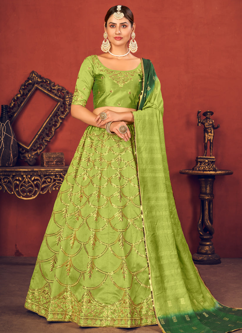 Vibrant Lime Green Art Silk Sequins Wedding Lehenga Choli