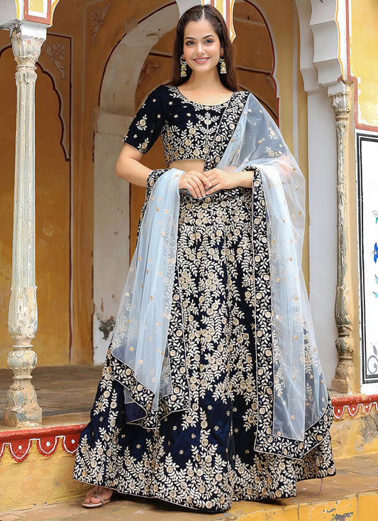Spectacular Navy Blue Heavy Lehenga Choli Set for Festival