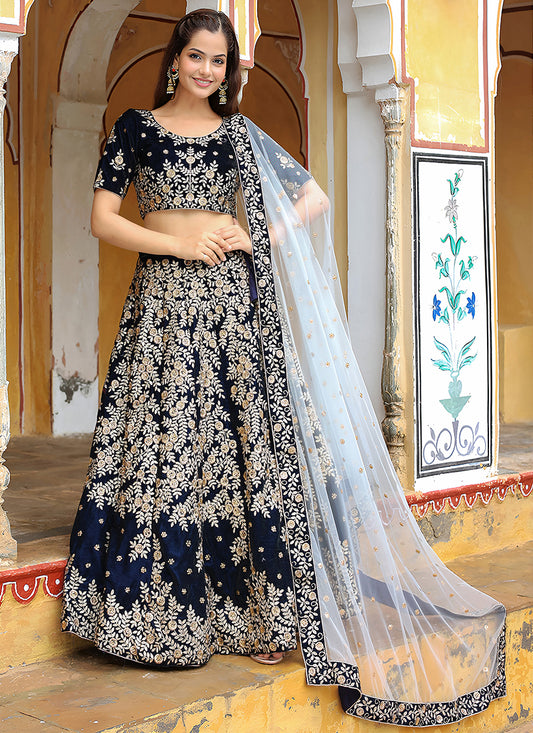Spectacular Navy Blue Heavy Lehenga Choli Set for Festival