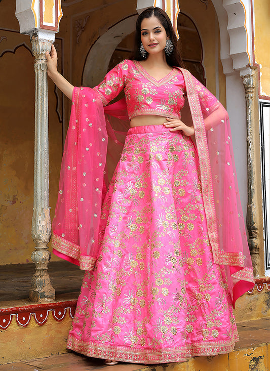 Delightful Punch Pink Heavy Lehenga Choli Set for Festival