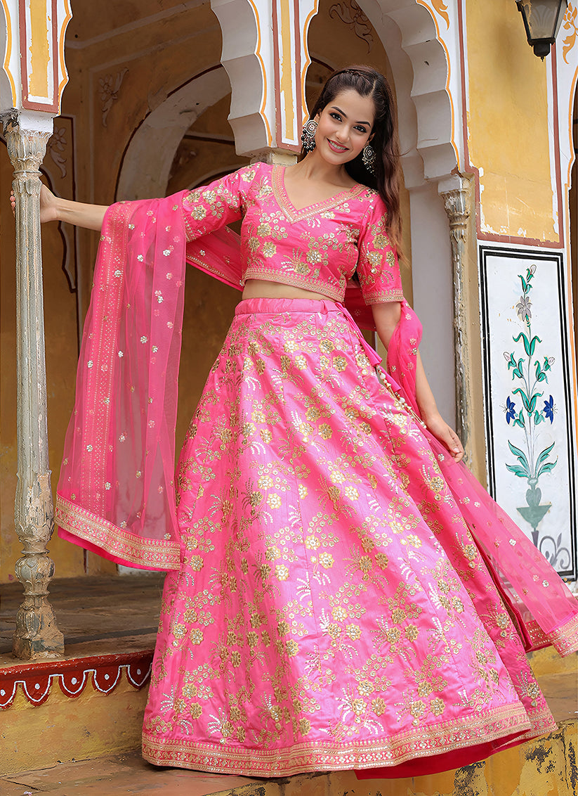 Delightful Punch Pink Heavy Lehenga Choli Set for Festival