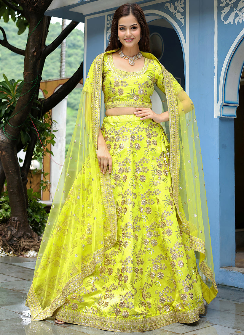 Dazzling Neon Green Heavy Lehenga Choli Set for Festival
