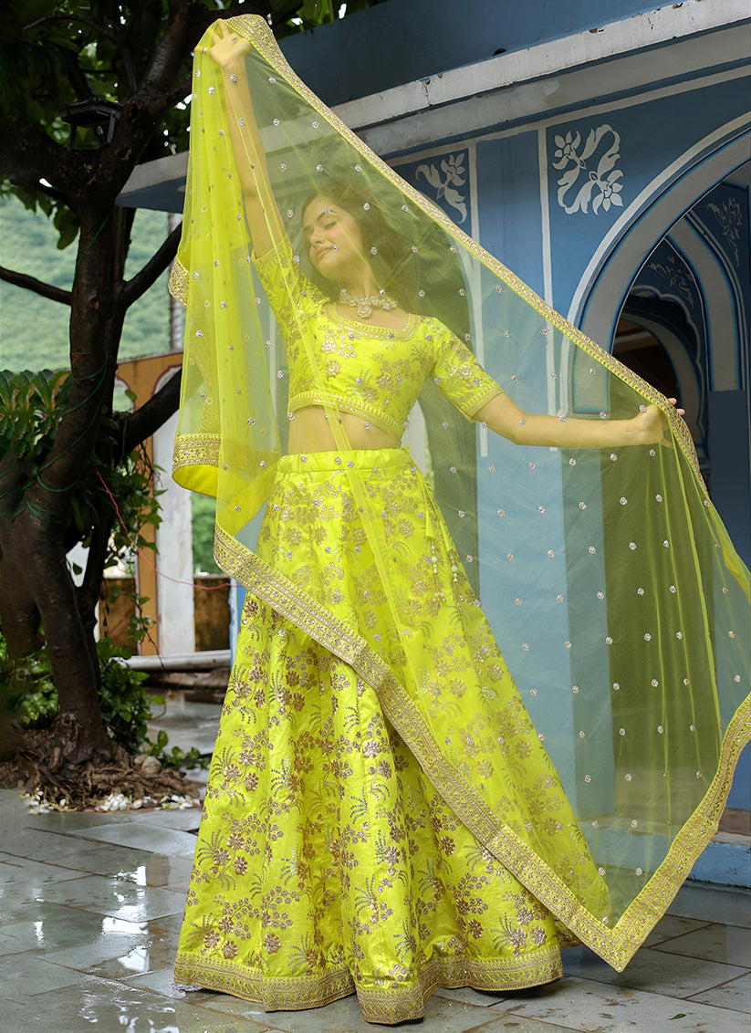 Dazzling Neon Green Heavy Lehenga Choli Set for Festival