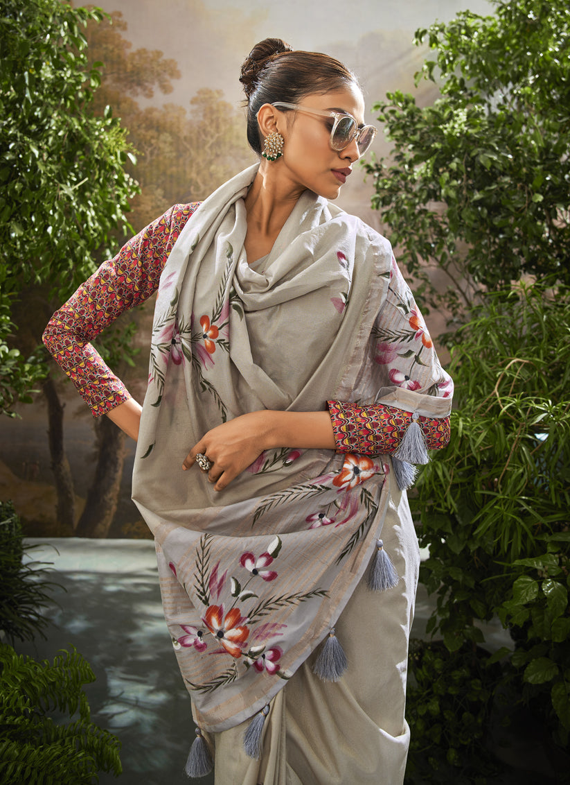 Grey Linen Tissue Printed Saree For Festival