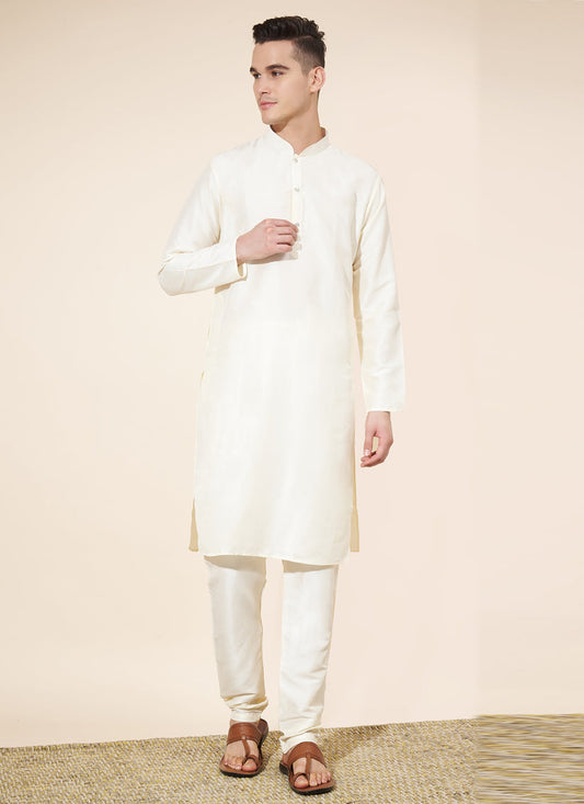 Off White Silk Solid Mens Kurta Pajama Set