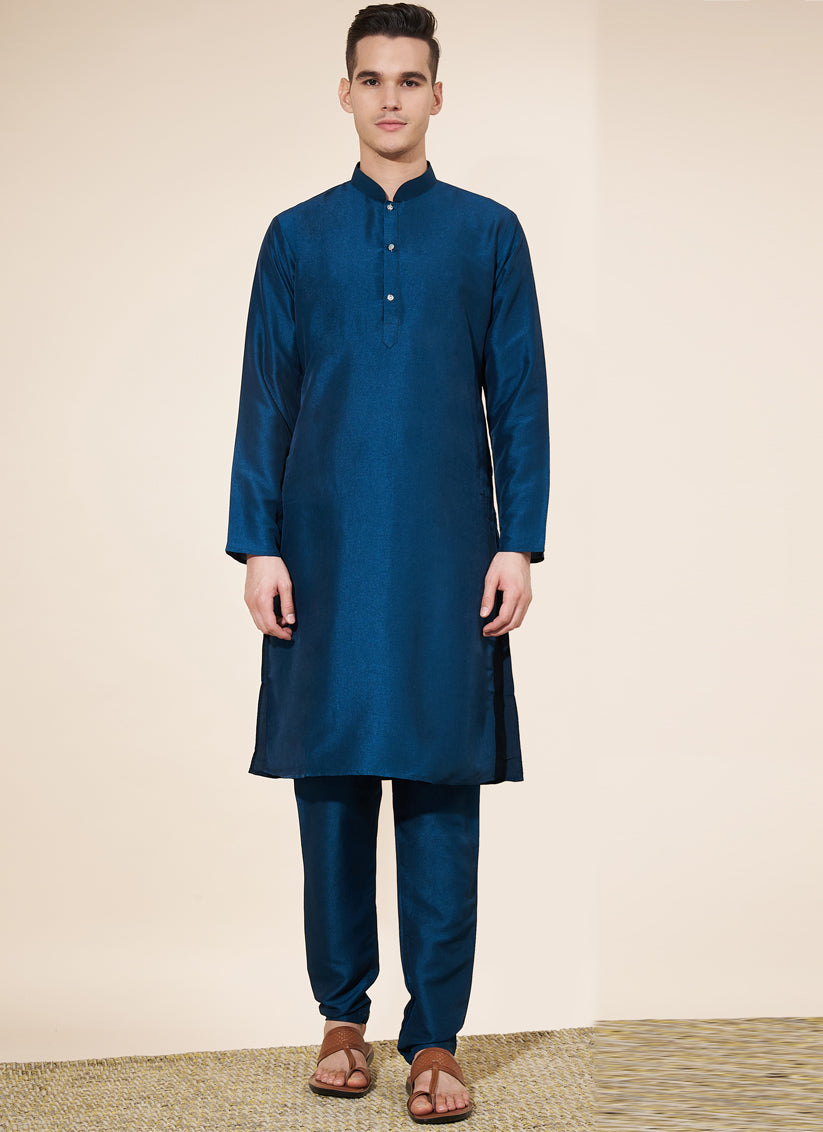 Cobalt Blue Silk Solid Mens Kurta Pajama Set