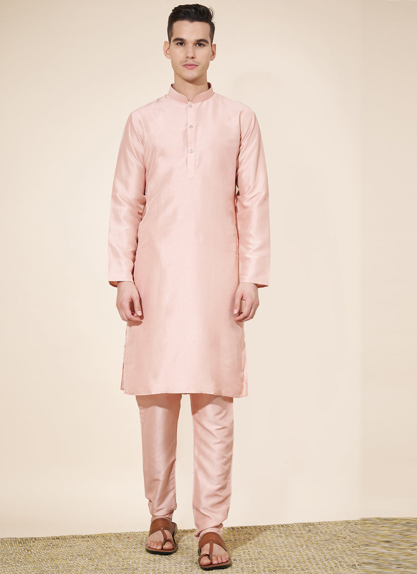 Blush Peach Silk Solid Mens Kurta Pajama Set