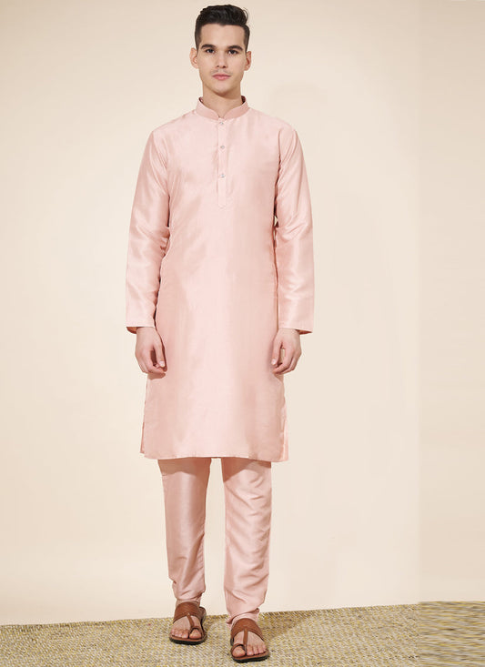 Blush Peach Silk Solid Mens Kurta Pajama Set