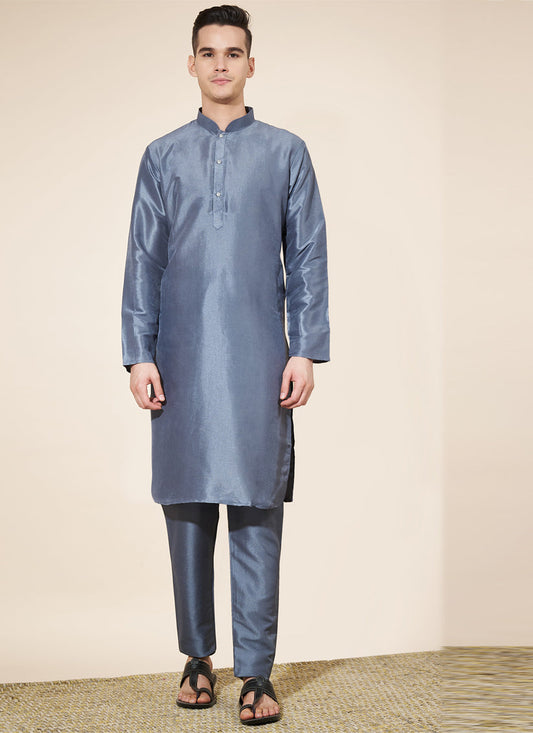 Slate Grey Silk Solid Mens Kurta Pajama Set