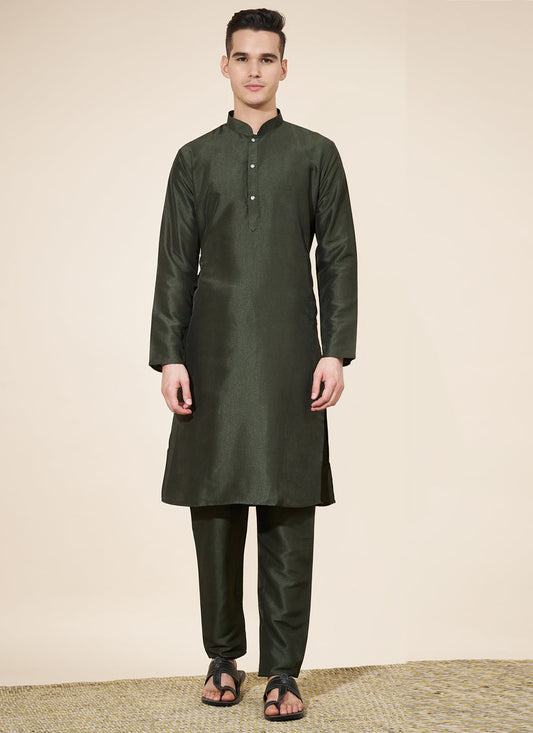 Mehendi Green Silk Solid Mens Kurta Pajama Set