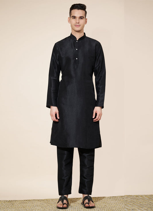 Black Silk Solid Mens Kurta Pajama Set
