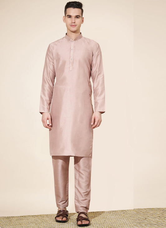 Blush Peach Silk Solid Mens Kurta Pajama Set
