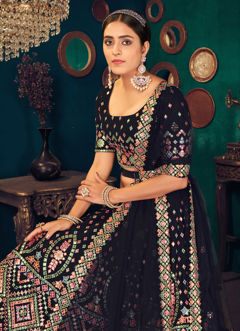 Midnight Blue Georgette Embroidered Designer Lehenga Choli