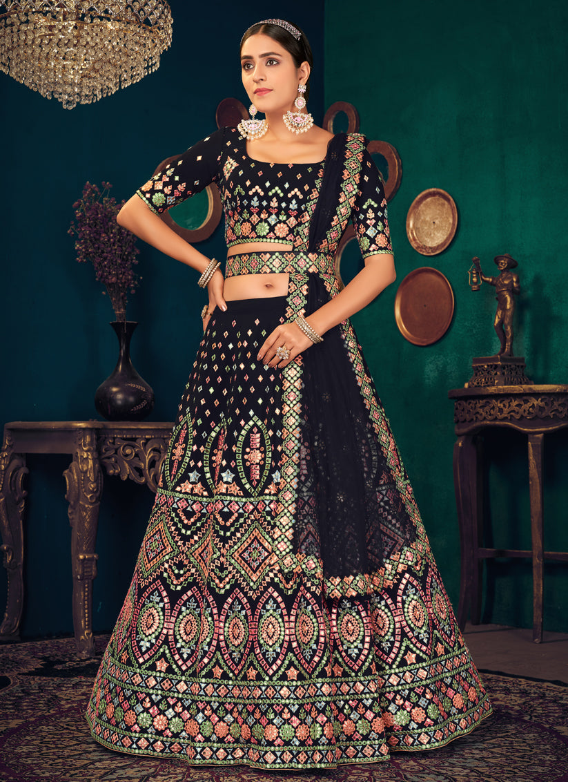 Midnight Blue Georgette Embroidered Designer Lehenga Choli