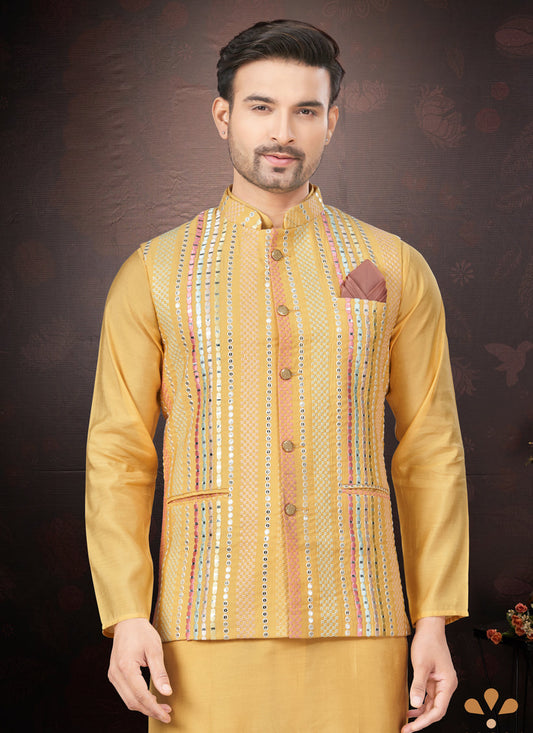 Yellow Pure Silk Mens Kurta Pajama Set with Jacket