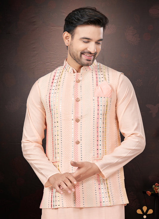 Pink Pure Silk Mens Kurta Pajama Set with Jacket