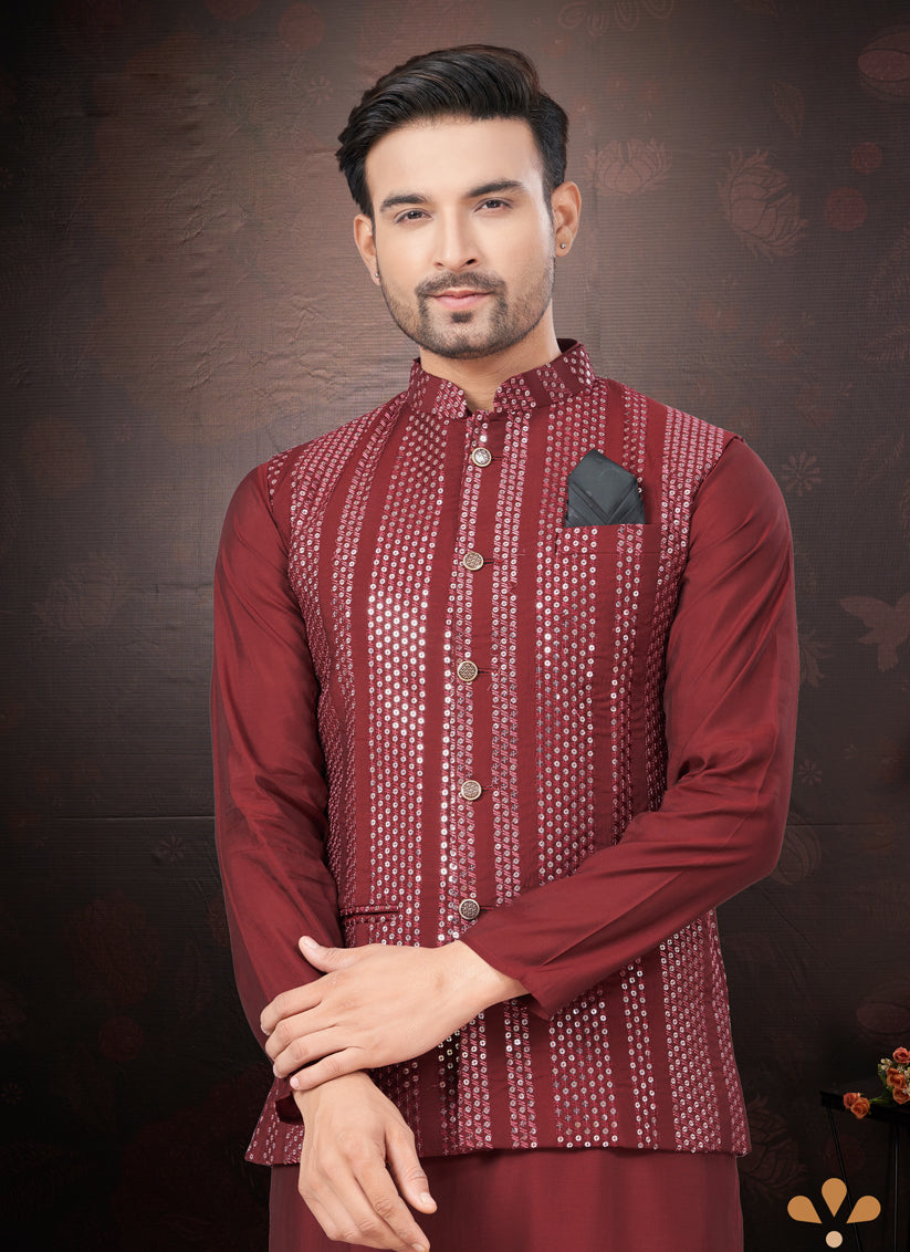 Maroon Pure Silk Mens Kurta Pajama Set with Jacket