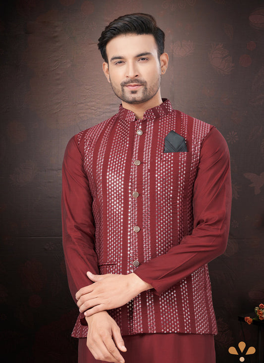 Maroon Pure Silk Mens Kurta Pajama Set with Jacket