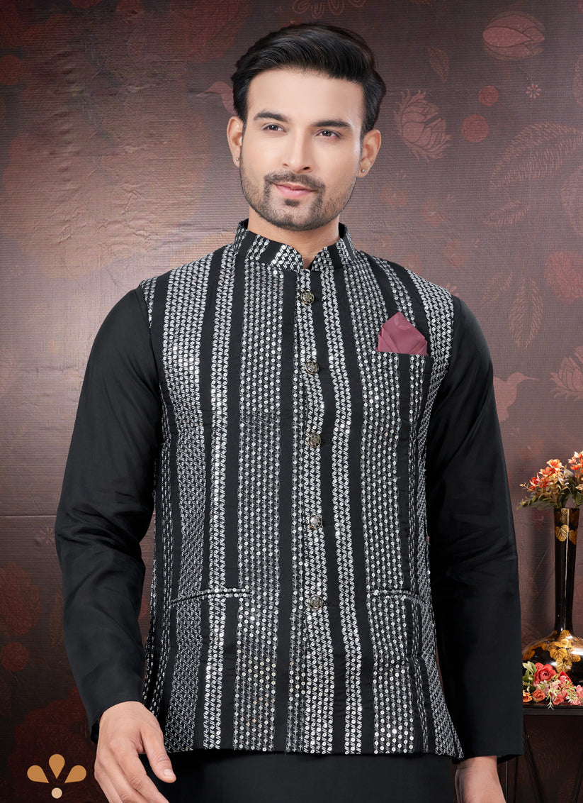 Black Pure Silk Mens Kurta Pajama Set with Jacket