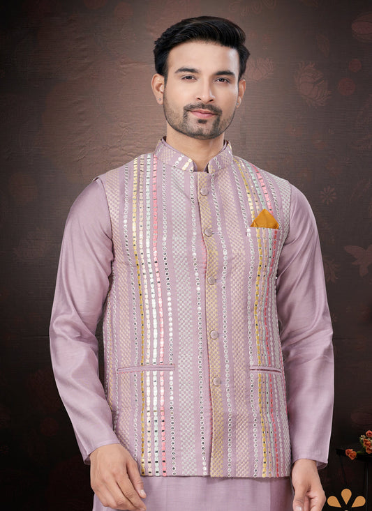 Pink Pure Silk Mens Kurta Pajama Set with Jacket