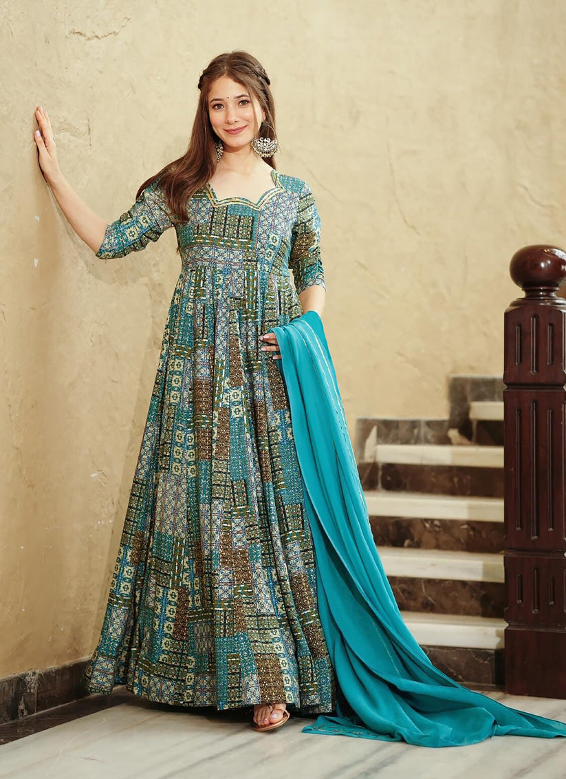 Turquoise Blue Heavy Digital Printed Gown