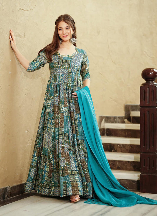 Turquoise Blue Heavy Digital Printed Gown