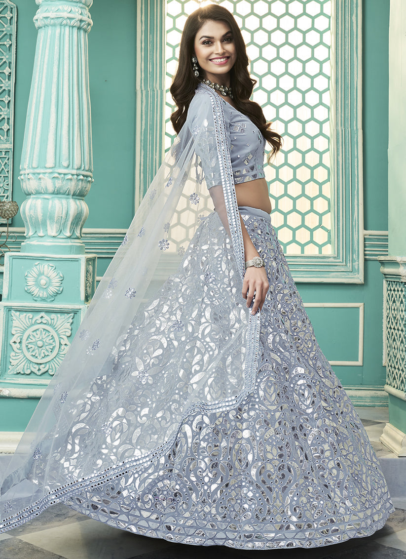 Steel Grey Georgette Embroidered Wedding Lehenga Choli