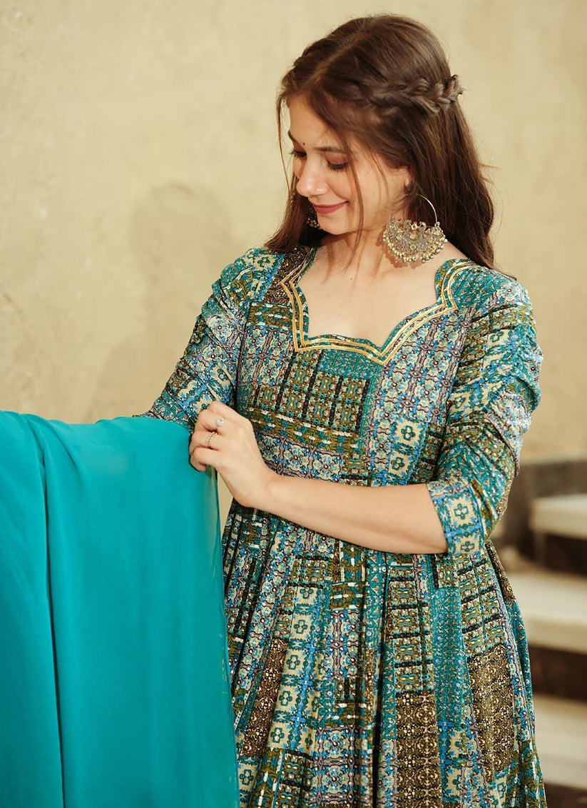 Turquoise Blue Heavy Digital Printed Gown