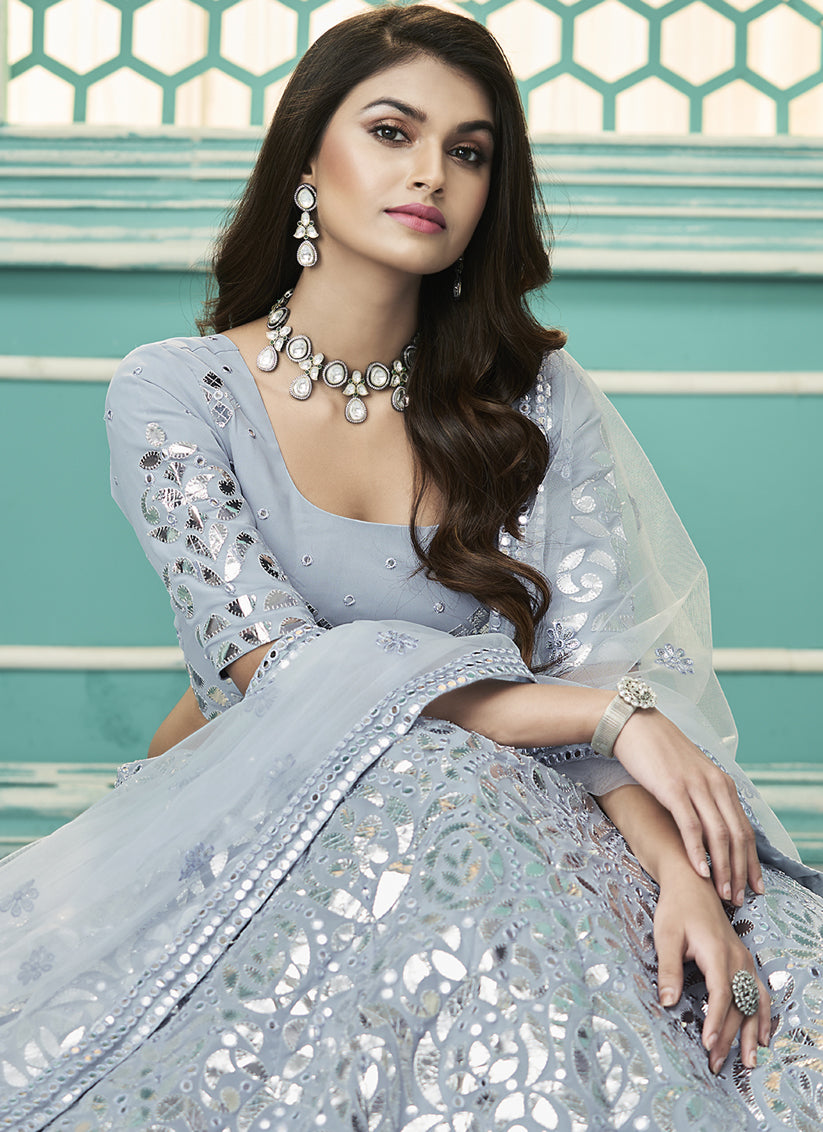 Steel Grey Georgette Embroidered Wedding Lehenga Choli