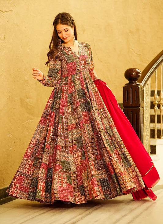 Red Heavy Digital Printed Gown