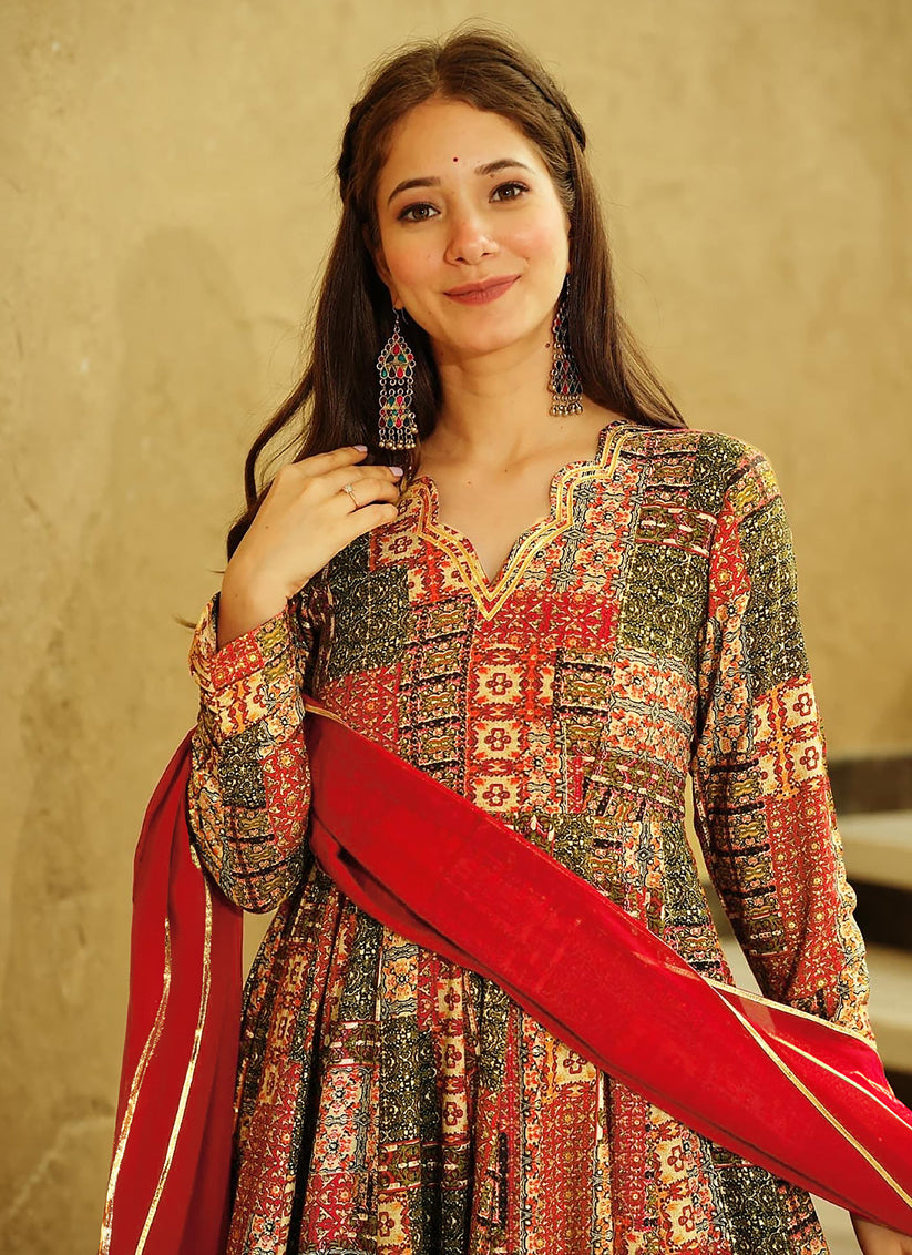 Red Heavy Digital Printed Gown