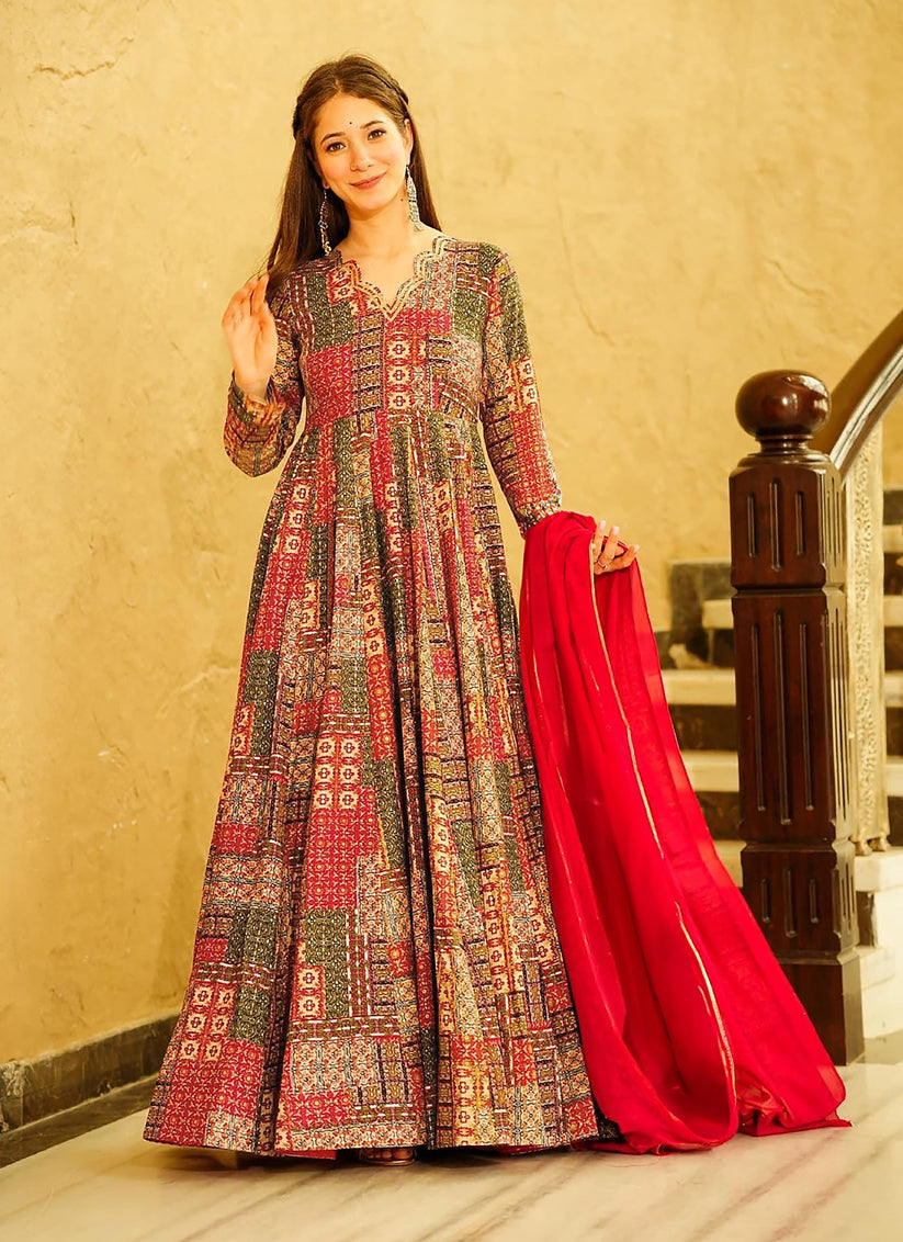 Red Heavy Digital Printed Gown