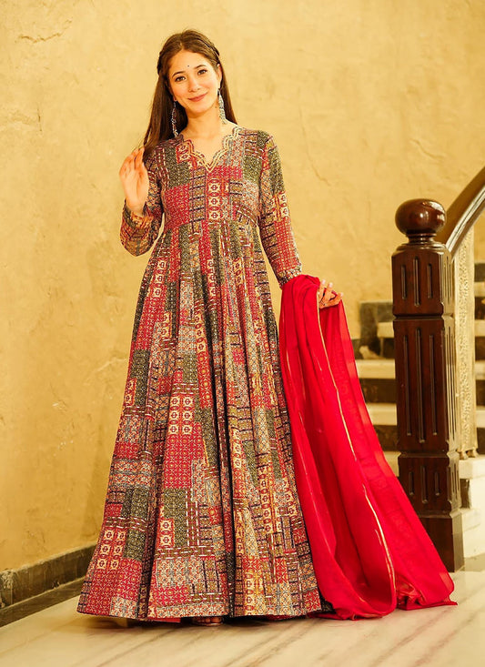 Red Heavy Digital Printed Gown